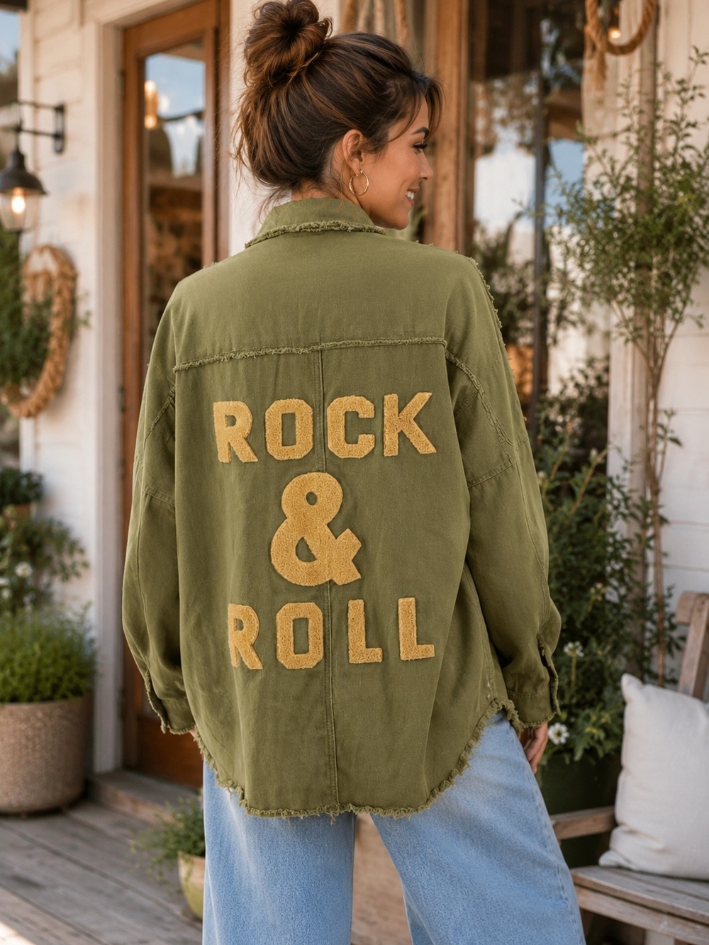 Davi & Dani Olive Rock & Roll Utility Shacket Jacket Shirt | Oversized Raw Hem